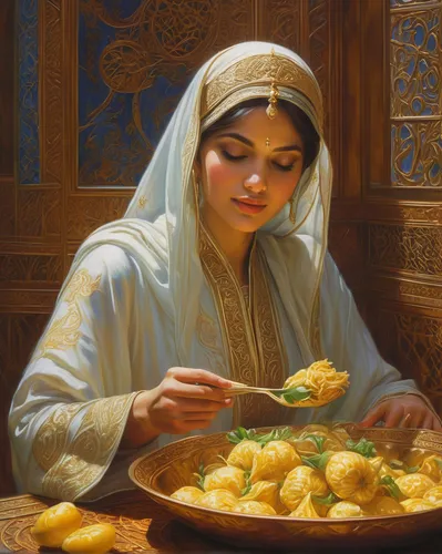 girl with bread-and-butter,iranian cuisine,islamic girl,indian cuisine,orientalism,mediterranean cuisine,punjabi cuisine,woman eating apple,mediterranean food,traditional food,persian,turkish cuisine,middle eastern food,pakistani cuisine,persian norooz,muslim woman,indian woman,middle-eastern meal,woman holding pie,samosa,Illustration,Realistic Fantasy,Realistic Fantasy 03