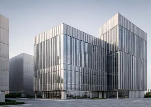 a low-rise office building, glass facade, white light inside, concrete structure inside, day illusion, facing the road, downtown, mir render,glass facade,office buildings,metal cladding,glass facades,