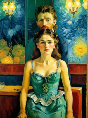 Entertainers in a Parisian nightclub.. Let the motif appear as a French impressionist painting as if it had been painted by Vincent van Gogh.,a painting of a man and woman in blue dress sitting togeth