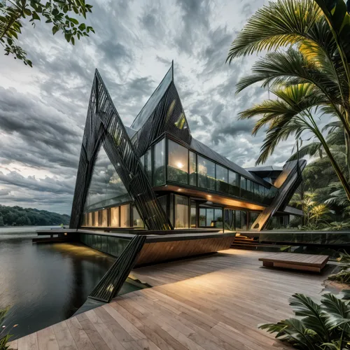 house by the water,cube stilt houses,modern architecture,cube house,mirror house,cubic house,tropical house,house with lake,futuristic architecture,modern house,structural glass,glass facade,luxury property,dunes house,florida home,luxury home,glass pyramid,glass building,glass facades,black cut glass