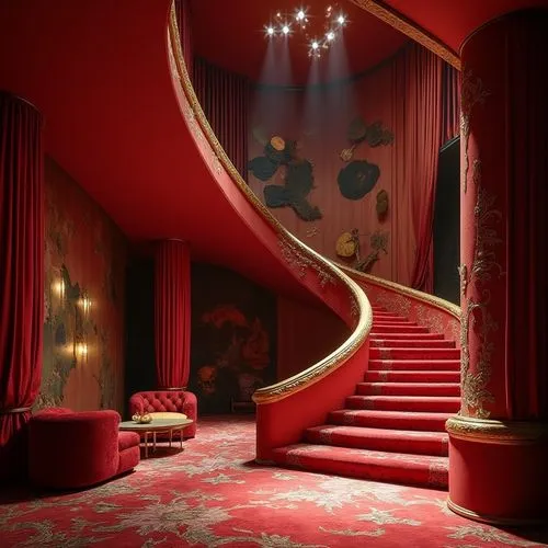 Theater-inspired residence, dramatic curved lines, bold vibrant colors, abstract geometric shapes, luxurious velvet curtains, ornate gold accents, grand staircase, spotlight illumination, mysterious s