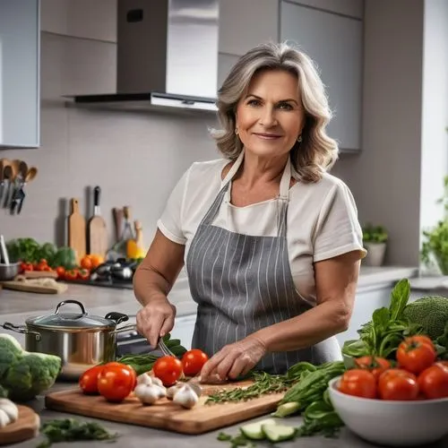 confident middle-aged woman cooking in a modern kitchen, surrounded by fresh ingredients and cooking utensils,food and cooking,menopause,cookware and bakeware,food preparation,chef,cooking show,southe