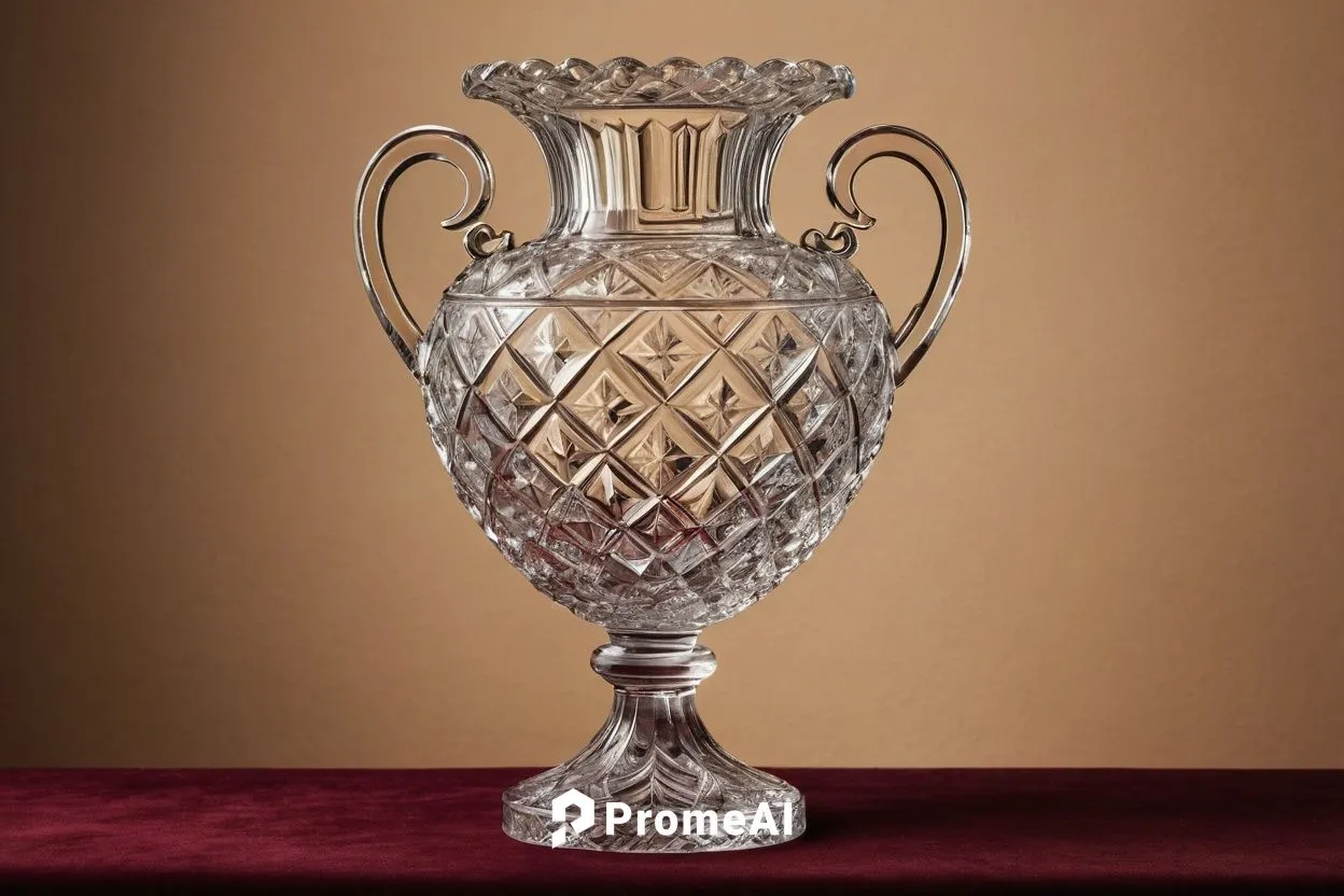 Luxurious Baccarat crystal vase, ornate, intricately cut, sparkling, transparent, delicate handle, pedestal base, solitary, centered composition, softbox lighting, warm beige background, velvet cloth,