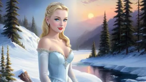 Romantic masterpiece oil painting, cute girl portrait, nostalgic 1950's style kitsch, breathtaking beautiful frozen tundra landscape, majestic fantasy Alaskan wilderness scenery, evening lighting, hig