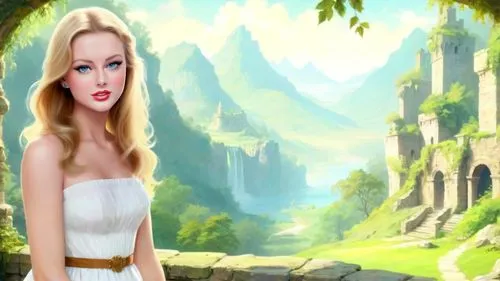 celtic woman,tuatha,eilonwy,cartoon video game background,beleriand,rivendell