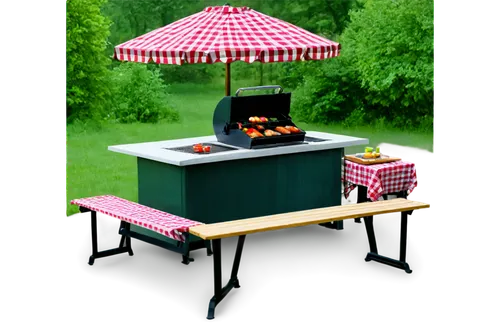 Summer outdoor, afternoon sun, free BBQ, wooden picnic table, savory grilled meats, skewers with vegetables, burgers, hot dogs, buns, condiments, colorful salads, refreshing drinks, ice buckets, check