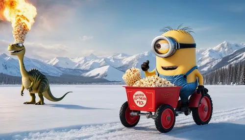 Minion Kevin con una máquina de palomitas  dejando rastro de fuego en el hielo montando un dinosaurio ,a movie with characters from two movies that look like cartoon characters,playcorn,cartoon corn,m