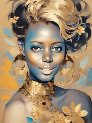 adorned with gradient colors that contrast beautifully against the light beige background. Golden flowers are artfully integrated into her hair, while faded creme and gold flowers in the background pr