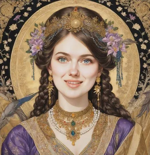 A fascinating medieval painting in the style of Jim Fitzpatrick, depicting a noble girl priestess of the eastern (Persian) type with a hairstyle in the form of a large horizontal bird's nest in the sh