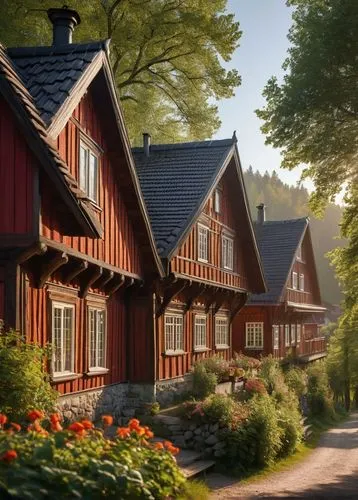 Traditional Swedish architecture, rustic wooden houses, steeply pitched roofs, ornate wooden decorations, bright colored walls, white windows, flower-patterned curtains, cozy porches, scenic countrysi