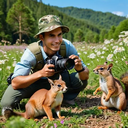 A handsome young photographer lying in a low crouch on the ground, wearing hiking clothes and a cool camouflage hat, photographing a Squirrel family. The Caracal cat children are playing on a small fi