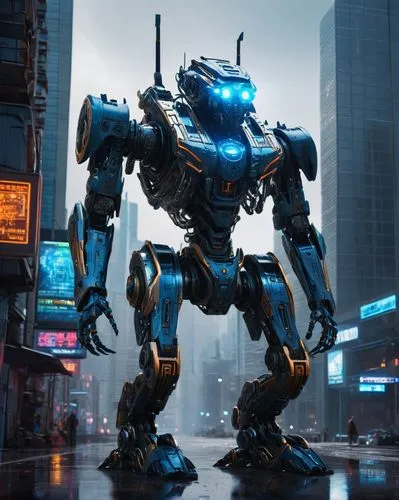 Atlan mech, sci-fi robot, mechanical body, glowing blue eyes, metallic skin, intricate circuitry patterns, powerful legs, massive arms, sharp claws, futuristic cityscape, towering skyscrapers, neon li