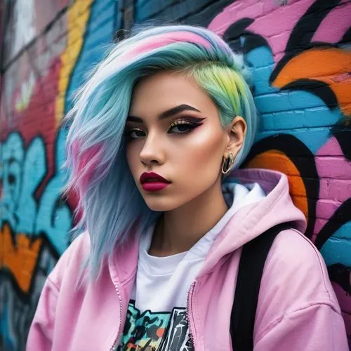 colorful background,pink hair,colourful,multi coloured,punk,neon makeup,colorful,pastels,pastel colors,neon colors,grunge,blue hair,multi color,neon,lycia,intense colours,multi-color,beautiful young woman,graffiti,multicoloured,Conceptual Art,Daily,Daily 26