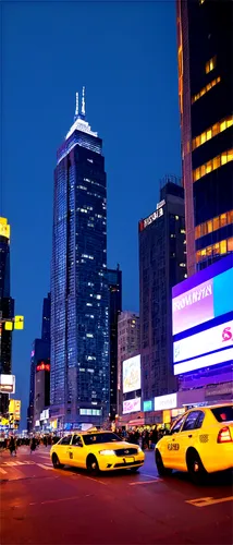 Cityscape at night, skyscrapers, neon lights, bustling streets, crowded sidewalks, yellow taxis, modern architecture, glass windows, metallic frames, nighttime ambiance, warm lighting, deep blues and 