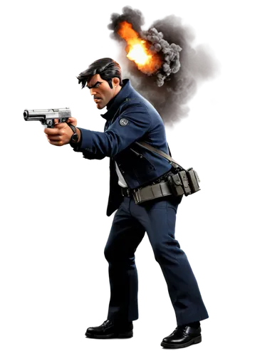 Gunshot sound effect, dark smoke puffing out, metal gun body, detailed trigger, bullet shell ejection, dynamic pose, powerful arm holding gun, intense facial expression, urban warfare setting, low-ang