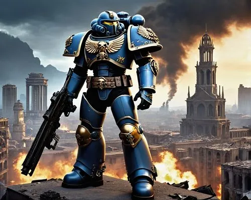 Space Marine, power armor, helmet with aquila, glowing blue eyes, bolter gun, ornate shoulder pads, Imperial eagle emblem, metallic silver and gold trim, worn leather belts, rugged boots, standing her