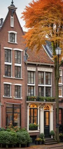 Dutch architecture, Netherlands style, traditional canal house, Amsterdam, brick facade, steeply pitched roof, dormer windows, ornate gables, white wooden shutters, flower boxes, cozy balconies, intri