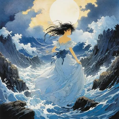 the wind from the sea,the sea maid,sea storm,ocean,amphitrite,rusalka,tidal wave,siren,god of the sea,amano,whirlwinds,the endless sea,ocean waves,japanese waves,the great wave off kanagawa,ocean background,kujira,shimei,hoshihananomia,kuchel,Illustration,Japanese style,Japanese Style 13