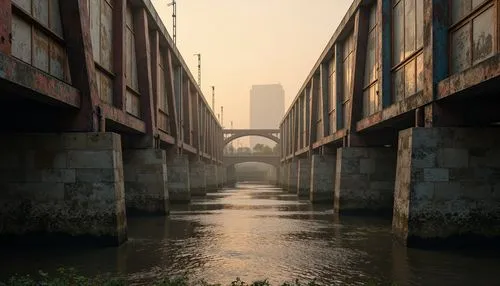 under the bridge,floodwall,post-apocalyptic landscape,backwater,waterway,railroad bridge,khlong,urban landscape,postprocessing,industrial landscape,canal,industrial ruin,rivertown,riverbank,industrialism,towpath,detriot,canalside,shimbashi,rivertowne