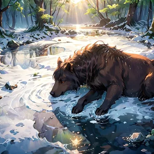 dog in the water,starclan,riverclan,brown bears,brown bear,streamside,dog illustration,sleeping bear,retriever,water hole,constellation wolf,kelpie,bear guardian,watering hole,two wolves,clear stream,kupala,forest lake,mononoke,bear,Anime,Anime,Realistic