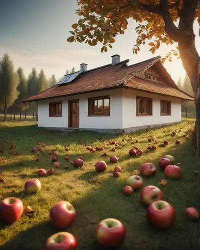 Modern apple farm, rustic villa, wooden roof, white walls, large windows, sliding glass doors, greenery surroundings, autumn afternoon, warm soft lighting, shallow depth of field, 3/4 composition, nat