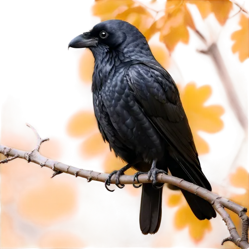 Crow perched on branch, black feathers, sharp beak, intelligent eyes, autumn leaves background, twig grasped by claws, morning sunlight, warm color tone, shallow depth of field, cinematic lighting, 3/