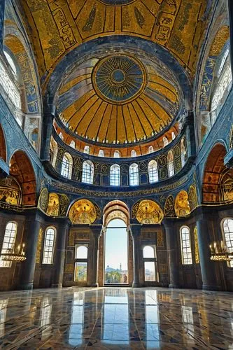 Byzantine, Hagia Sophia, ancient, majestic, intricately decorated, massive dome, arches, columns, marble flooring, golden mosaics, ornate chandeliers, grand entrance, Istanbul, Turkey, sunny day, clea