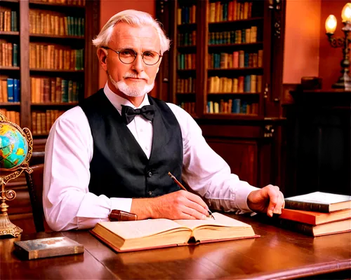 John Dalton, historical figure, old man, white hair, beard, glasses, suit, waistcoat, holding atom model, wooden table, books, papers, inkwell, quill pen, warm lighting, soft focus, 3/4 composition, s