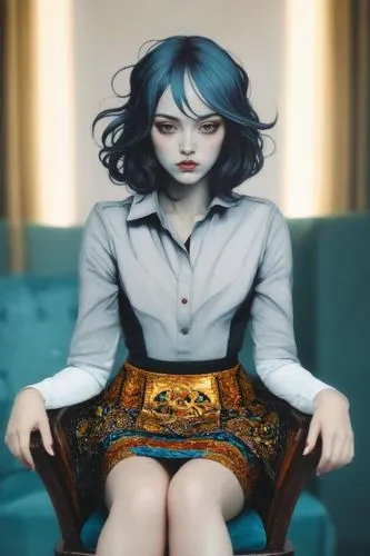 Sitting on a chair wearing a skirt,haeju,bjd,japanese doll,coraline,xiaolu,the japanese doll,shimei,geiko,mizuhara,sitting on a chair,eiko,manami,fuki,artist doll,painter doll,alita,yangmei,female dol