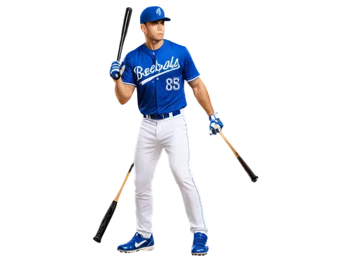 Baseball player, athletic male, dynamic pose, baseball bat, worn glove, sports uniform, blue jersey, white pants, cleats, muscular arms, focused facial expression, stadium background, sunny day, drama