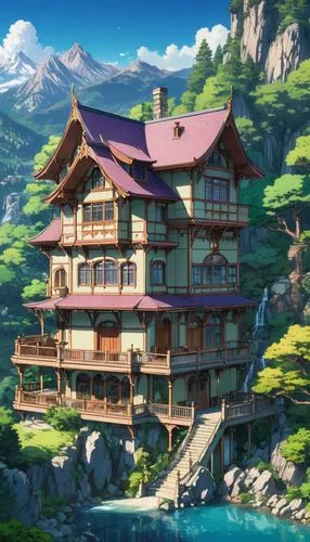 house in mountains,house in the mountains,ghibli,butka,house with lake,dreamhouse,Illustration,Japanese style,Japanese Style 03