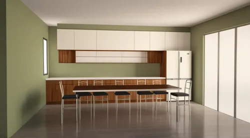 Kitchen with white upper cabinets, wooden shelves in the middle, sage green lower cabinets and a white refrigerator on the right , and White upper cabinets
,kitchen design,modern kitchen interior,kitc