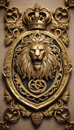 Family crest, medieval-inspired, golden frame, intricate design, coat of arms, heraldic symbols, lions, eagles, crowns, fleur-de-lis, bold font, Celtic knot patterns, vintage paper texture, warm light