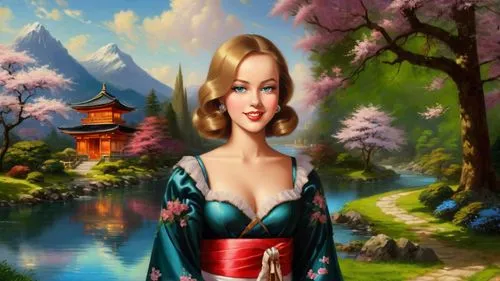 Romantic masterpiece oil painting, cute girl portrait, nostalgic 1950's style kitsch, beautiful exotic rural vast Japanese landscape, cherry blossom scenery, Shinto Japanese sakura, flower petals, by 