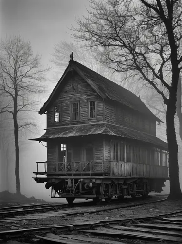 railroad car,ghost locomotive,wooden train,railway carriage,wooden railway,train car,ghost train,train depot,boxcar,old train,train wagon,rail car,freight car,merchant train,railroad station,wooden wagon,wooden house,tender locomotive,the train,abandoned train station,Photography,Black and white photography,Black and White Photography 11