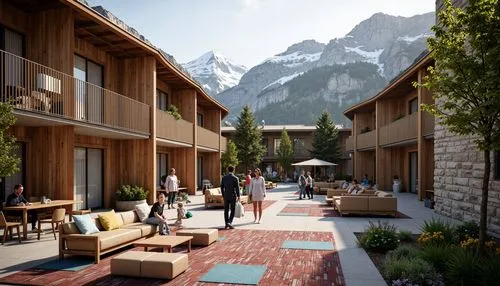 alpine village,verbier,alpine style,cervinia,kandern,courmayeur,avoriaz,aprica,andermatt,courchevel,villard,norquay,gstaad,cohousing,ecovillages,zermatt,kandersteg,chamonix,adelboden,3d rendering