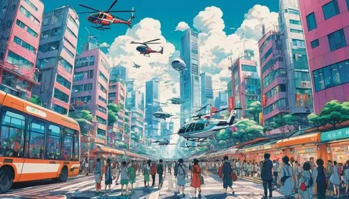 skycar,cybercity,smart city,skycycle,sky city,cityflyer,Illustration,Japanese style,Japanese Style 04