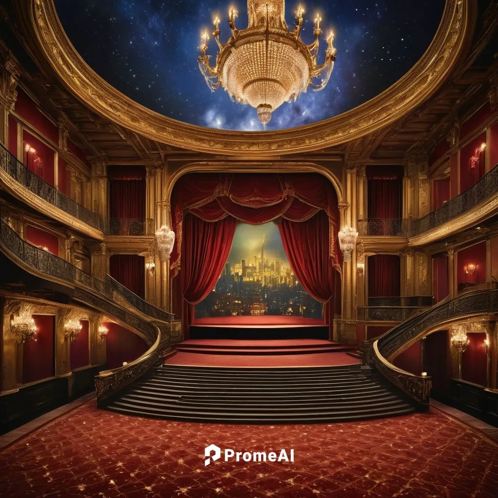 Grand, luxurious theater, Baroque architecture style, ornate decorations, red velvet curtains, golden balconies, crystal chandelier, marble floor, grand staircase, intricate carvings, soft spotlights,