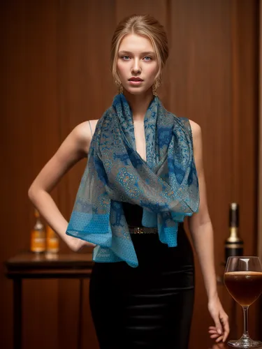 mazarine blue,handkerchief,shawl,raw silk,menswear for women,cravat,drape,brown fabric,turquoise wool,blue rose near rail,scarf,woven fabric,colorpoint shorthair,woman in menswear,female model,fabric 