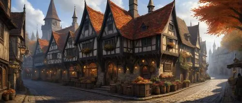 Fantasy medieval village, Hutteball Oremus architecture, stone walls, wooden roofs, ornate iron fences, grand clock tower, intricate stonework, stained glass windows, cozy taverns, bustling marketplac