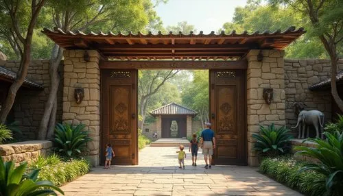 Bronze zoo entrance, grand majestic gates, intricate bronze animal sculptures, ornate bronze door handles, natural rustic stone walls, lush greenery surroundings, tropical plants, vibrant flowers, sun