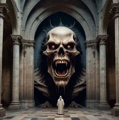 a large skull inside of a building with an open door,enfer,gringotts,hall of the fallen,mondor,grotesques,crypt