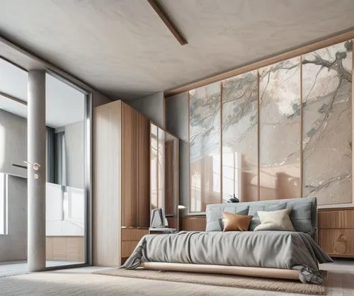 bamboo curtain,japanese-style room,modern room,concrete ceiling,wallcovering,modern decor,bedroom,wallcoverings,fromental,contemporary decor,stucco wall,donghia,limewood,wall plaster,interior modern design,bedrooms,sleeping room,wooden wall,associati,gournay