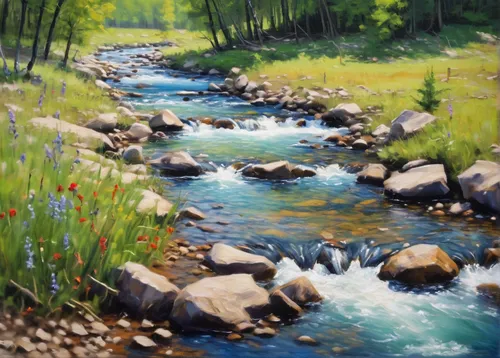 "Big Meadow Stream | Oil | 15""x18""",flowing creek,mountain stream,river landscape,streams,brook landscape,a river,a small waterfall,clear stream,mountain spring,mountain river,the brook,rapids,flowi