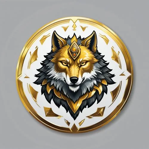 Fantasy emblem logo for gaming token depicting a powerful anthropomorphic wolf king (including the word "Wolf)"),luxury legendary token,golden border and golden and yellow tones,illustration,vibrant((