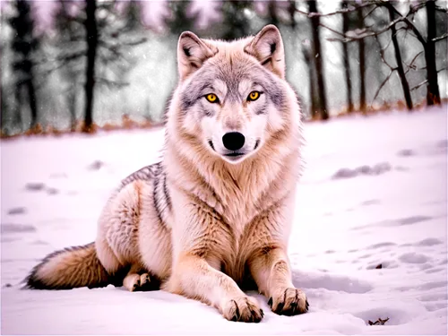 Arctic wolf, snow-covered fur, sharp teeth, piercing yellow eyes, fluffy ears, bushy tail, majestic posture, sitting on snowy ground, front legs crossed, winter scenery, frosty air, soft focus, shallo