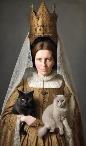 (woman Isabelle de Bourbon in 15th century medieval dress holding a British dark grey cat in her arms: 1,5),
(on the woman's head there is a high Gothic cone "atour" with veil: 1,5), (a veil hangs fro