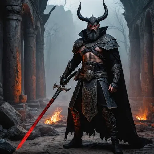 Dagoth Ur, dark sorcerer, muscular build, intimidating gaze, black horns, red eyes, intricate facial tattoos, black beard, worn leather armor, torn cape, staff in hand, dramatic pose, misty background