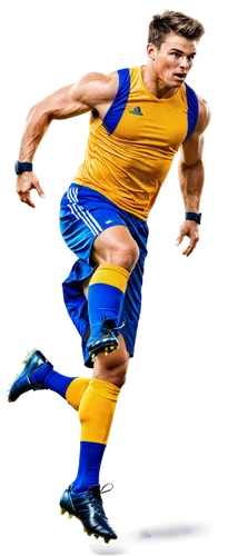 muscular man, athletic build, short spiky hair, sweaty face, intense expression, wearing football jersey, shorts, shin guards, soccer cleats, dynamic pose, kicking ball, jumping high, action shot, nat