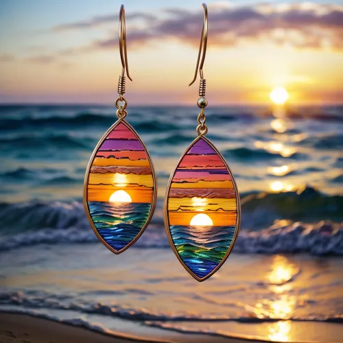 two sun sets over the ocean as seen from a pair of earrings,colorful glass,rainbeads,pendants,teardrop beads,reflectors,beach glass,cabochon,glass decorations,colorful light,dangles,glass bead,earring